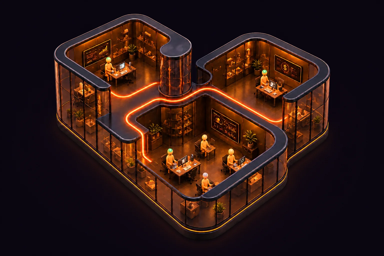 A three-room Workora company floor with AI teammates connected by a glowing path